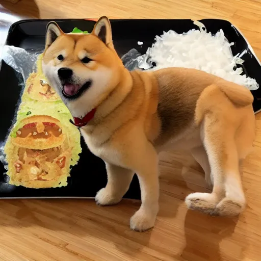 Prompt: a photo of a shiba inu made out of okonomiyaki