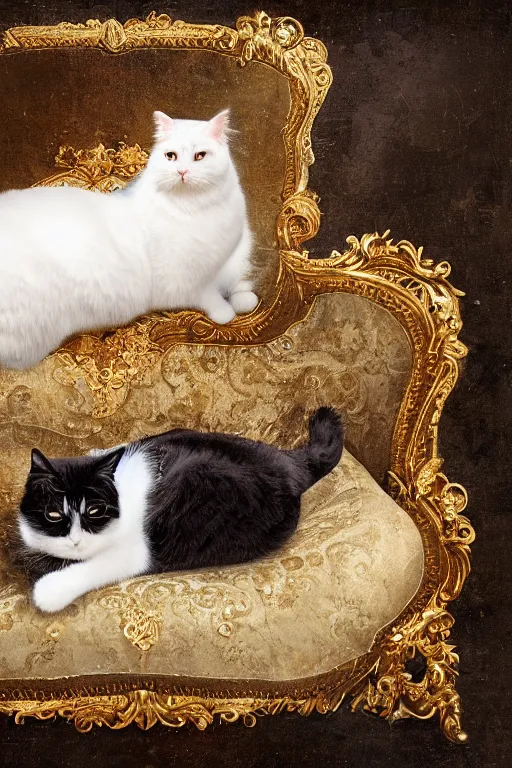 Image similar to a magnificent tintype portrait of a fluffy fat cat on an embroidered velvet cushion on a neo - rococo gilded little bed with precious stones, balls of yarn, by david lachapelle, photorealistic, photography, wide shot