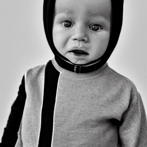 Image similar to the face of punk rock alien at 1 years old wearing balenciaga clothing, black and white portrait by julia cameron, chiaroscuro lighting, shallow depth of field, 8 0 mm, f 1. 8