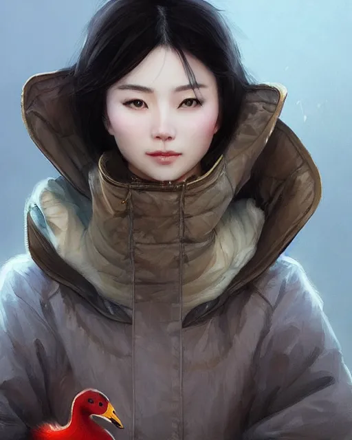 Prompt: a beautiful chinese woman in down jacket ， a goose ， winer ， wenjun lin intricate, elegant, highly detailed, digital painting, artstation, concept art, matte, sharp focus, illustration, hearthstone, art by artgerm and greg rutkowski and alphonse mucha