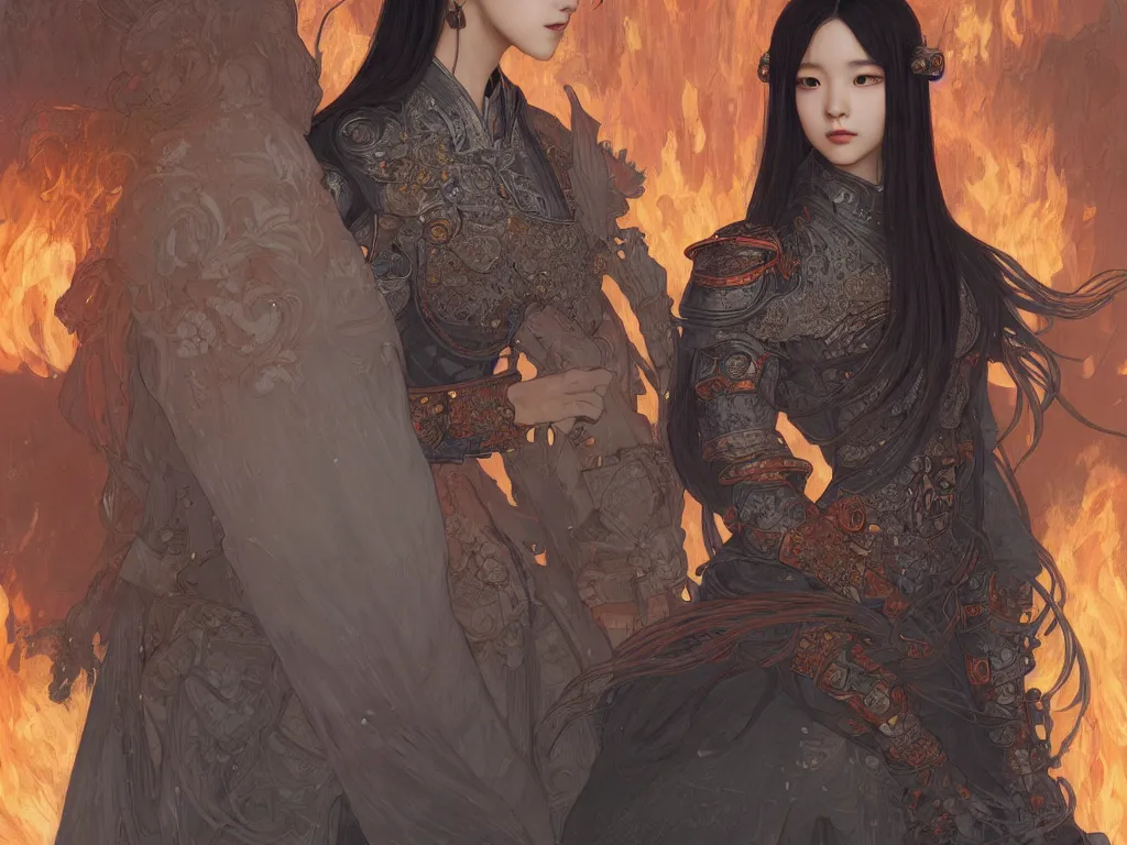 Prompt: portrait jisoo blackpink, grey hair armored samurai clothes, in fire japanese temple wet night, ssci - fi and fantasy, intricate and very very beautiful and elegant, digital painting, artstation, concept art, smooth and sharp focus, illustration, art by tian zi and wlop and alphonse mucha