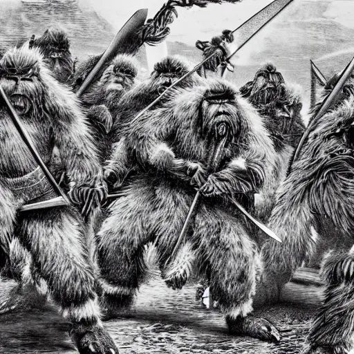 Image similar to a high detailed realistic photo of a group of armored yeti and sasquatch battling with swords shields andsd pears