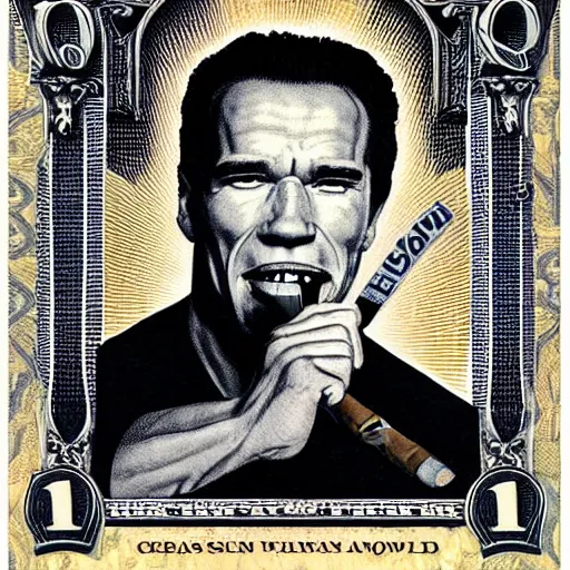 Image similar to $100 bill featuring a portrait of Arnold Schwarzenegger with a cigar in his mouth,