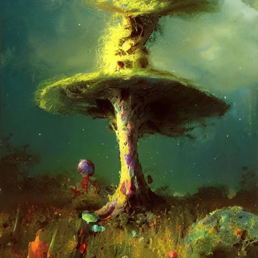 Image similar to a lovely picture of a mycelium alien by john berkey, by george inness, by john harris, purple and red and white gradient colour theme, trending on deviantart, rendered in blender, 8 k resolution