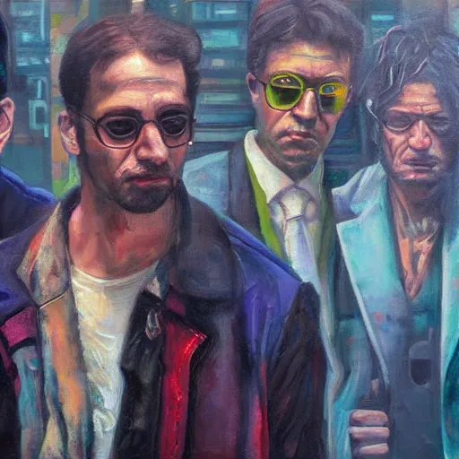 Prompt: portrait of three cyberpunk mobsters, detailed oil painting