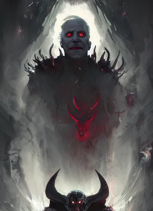 Image similar to dark demonic Joe Biden grinning emperor of the world, high contrast with devil horns, cosmic horror, abstract, masterpiece, trending on ArtStation, by Greg Rutkovski and by Craig Mullins and by David Cronenberg and by Ismail Inceoglu