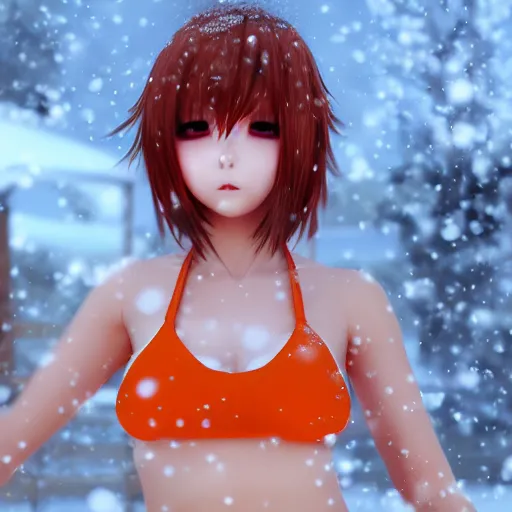 A full body photo of an anime girl, short hair, brown hair, wearing a red two  piece swimsuit, looking up camera angle, bright mid-day lighting from top,  dynamic pose