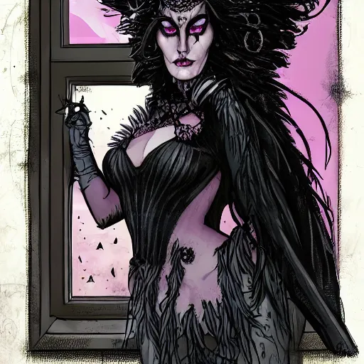 Image similar to Jennifer Connelly as dark fae gothic atompunk evil Disney villain queen with black feather hair, feathers growing out of skin, in front of space station window, Mike mignola, trending on artstation, comic book cover, illustration