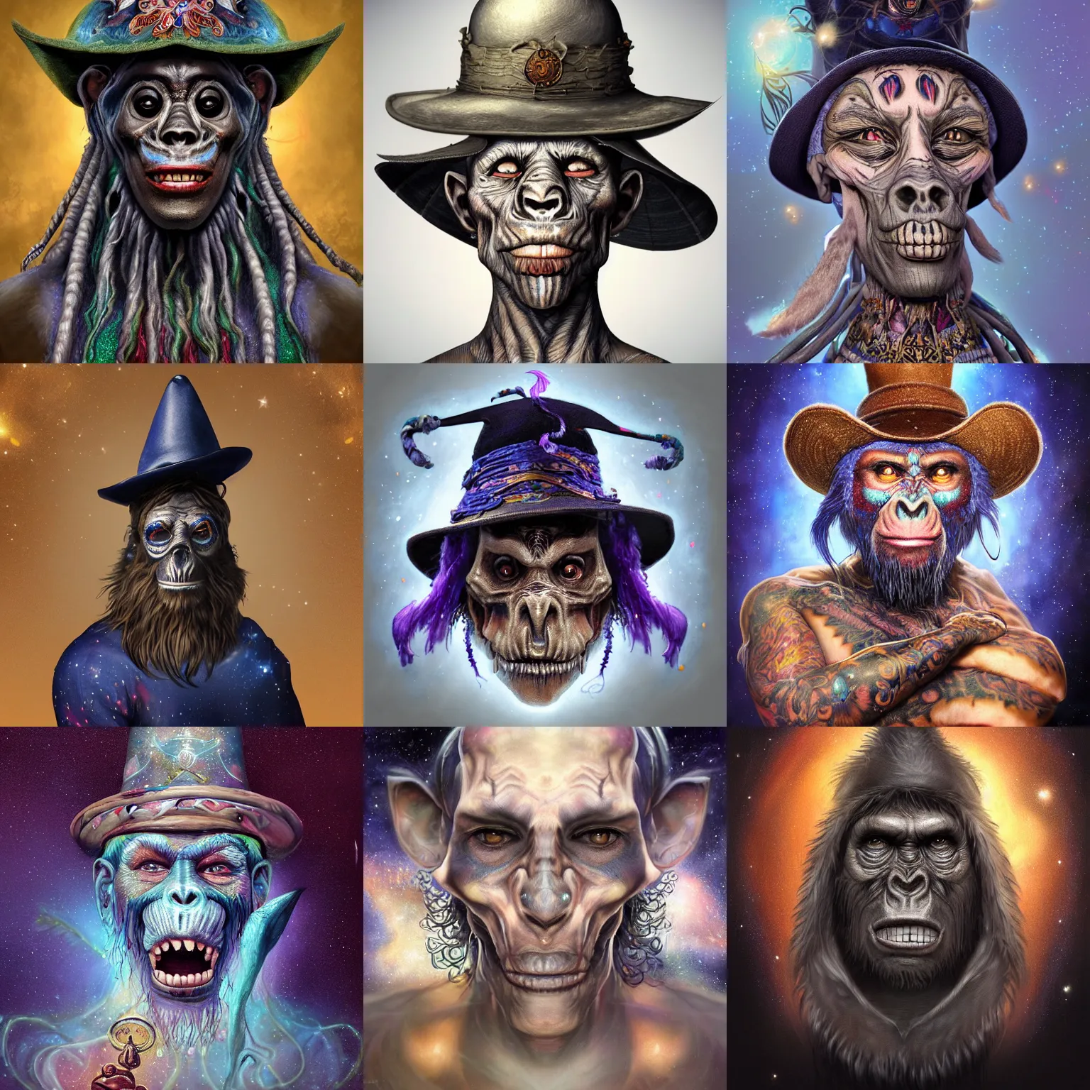 Image similar to a wlop 3 d render of very very very very highly detailed beautiful mystic portrait of a phantom student voodoo ape in a hat with whirling galaxy around, tattoos by anton pieck, intricate, extremely detailed, digital painting, artstation, concept art, smooth, sharp focus, illustration, intimidating lighting, incredible art,