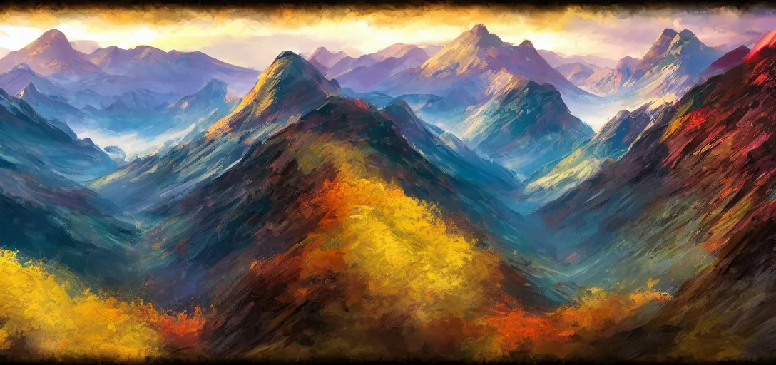 Image similar to vast mountain landscape, craggy mountains, magic the gathering, three - colors, three - color color palette, panoramic, wide angle, horizon, highly detailed