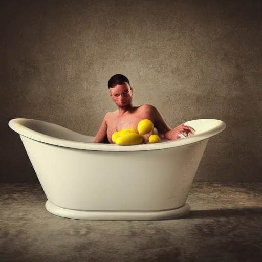 Prompt: a man in a bathtub bathing in lemons, Realism, HDR, Stock Photo, Ultra Lighting