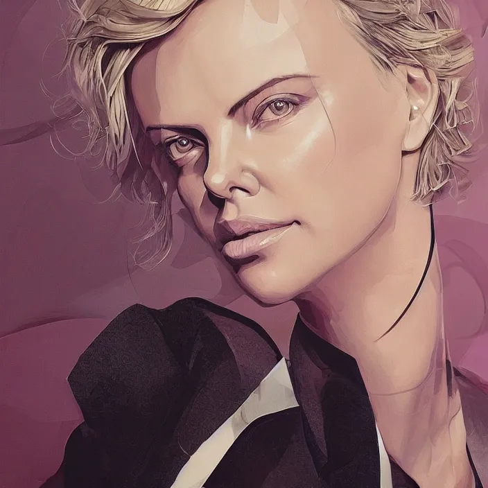 Image similar to portrait of charlize theron in a suit. intricate abstract. intricate artwork. by Tooth Wu, wlop, beeple, dan mumford. octane render, trending on artstation, greg rutkowski very coherent symmetrical artwork. cinematic, hyper realism, high detail, octane render, 8k, iridescent accents