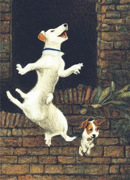 Image similar to jack russel terrier jumping off of brick structure, illustrated by peggy fortnum and beatrix potter and sir john tenniel