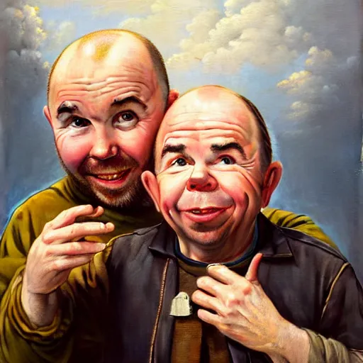 Image similar to oil portrait of karl pilkington and warwick davis, best friends on a travel show. oil painting, highly detailed, centered, artstation, concept art, smooth, sharp focus, illustration, artgerm, vermeer, hans peter mohrbacher, donato giancola, joseph christian leyendecker, drew struzan