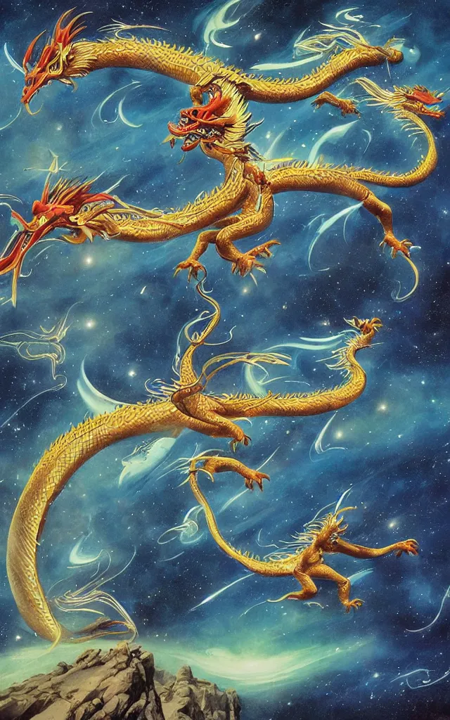 Prompt: chinese dragon flying through the galaxy, epic, legendary, cinematic composition, stunning atmosphere by james jean by roger dean by lee madgewick