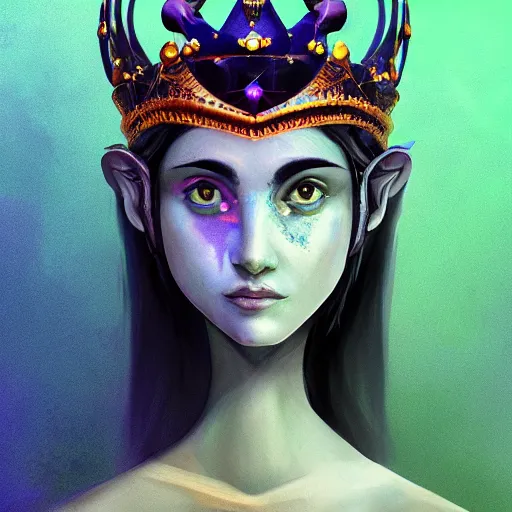 Prompt: Artemixel, the modern reincarnation of the old selenium god of hunt and moon, also known as Artemis or Selene, carrying the Crown of the Crescent Moon, wich has a bright and slightly bluish crescent like the brightness of the night. Portrait trending on Artstation, digital art, concept art