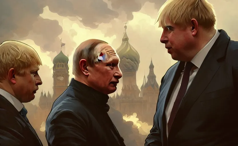 Image similar to Boris Johnson vs Vladimir Putin, face to face staring, civil war style, highly detailed, digital painting, artstation, concept art, smooth, sharp focus, illustration, cinematic lighting, art by artgerm and greg rutkowski and alphonse mucha