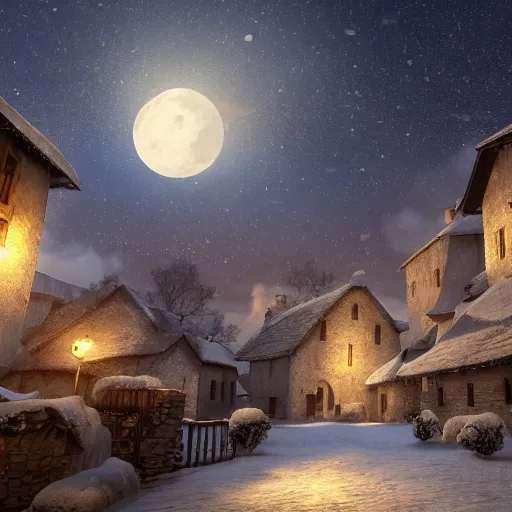 Image similar to a medieval village at night with the moon in the sky realistic, Artstation, snowy