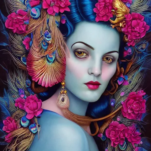 Prompt: cinematic composition, a painting of a blue skinned woman with hair of flowers and peacock plummage wearing ornate earrings, a surrealist painting by tom bagshaw and jacek yerga and tamara de lempicka and jesse king, featured on cgsociety, pop surrealism, surrealist, dramatic lighting, wiccan, pre - raphaelite, ornate gilded details