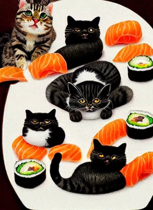 Image similar to clear photorealistic picture of adorable cats made out of sushi