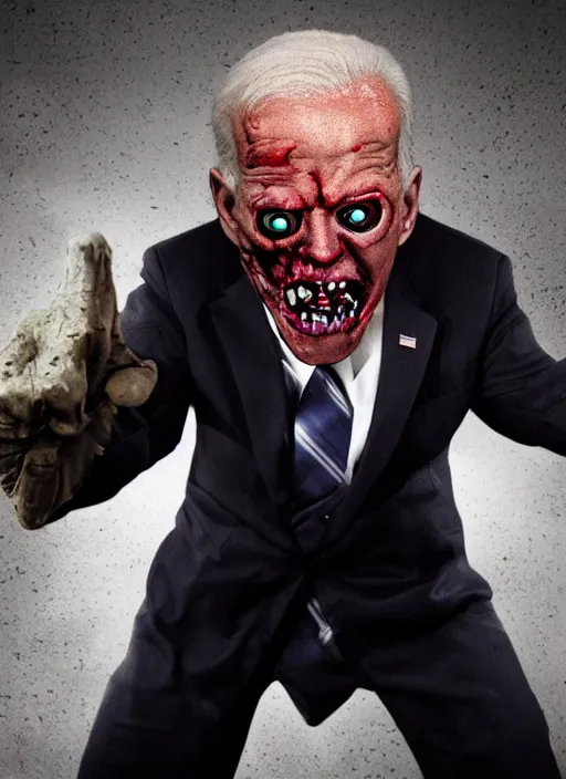 Image similar to hyper realistic terror photo Doom horror furious glowing red eyes biden