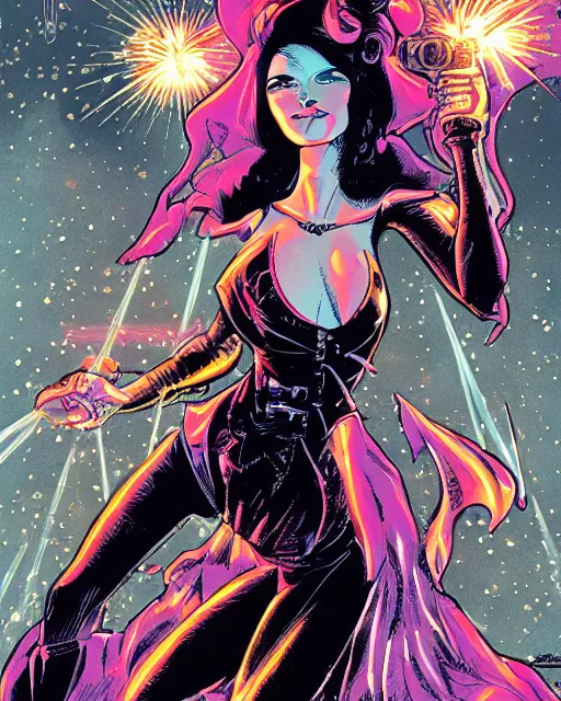 Prompt: the queen of the underworld shooting lasers at the sinners. bande dessinee cover art.