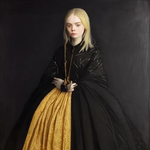 Image similar to Elle Fanning in a black coat, religious masterpiece portrait, oil on canvas, golden hour, in the world of Andrew Wyeth and Bloodborne, artstation, by J. C. Leyendecker and Peter Paul Rubens,