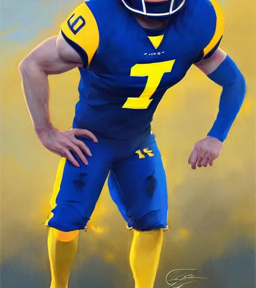 Image similar to highly detailed portrait of cooper kupp, # 1 0 football jersey blue and yellow, unreal engine, fantasy art by greg rutkowski, loish, rhads, ferdinand knab, makoto shinkai and lois van baarle, ilya kuvshinov, rossdraws, tom bagshaw, global illumination, radiant light, detailed and intricate environment