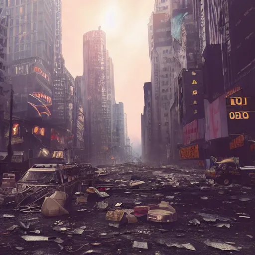 Image similar to photo of new york city as an apocalyptic wasteland, homeless people, cyberpunk style, octane render