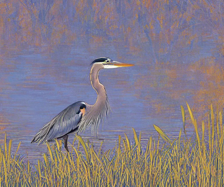 Image similar to a majestic blue heron in shallow river, waterfalls in distance, left border beautiful willow, right border cherry blosom trees, lily pads bullrushes marsh clouds, golden hour intricate by mcquarrie martin lagerstadt, digital art, highly detailed, artstation