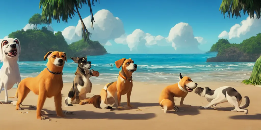 Image similar to a wholesome animation key shot of dogs at a tropical beach, medium shot, waist up, studio ghibli, pixar and disney animation, sharp, very detailed, high resolution, rendered in unreal engine 5, anime key art by greg rutkowski, bloom, dramatic lighting