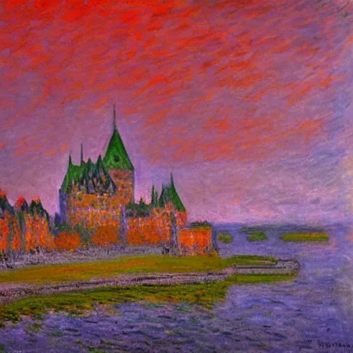 Image similar to quebec city!!! by claude monet! red sky!! misty!! fog! realistic! mysterious!!-H 800 - W 1080