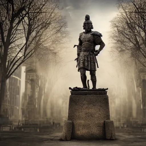 Image similar to statue of a warrior amongst the post apocalyptic city, hd photo