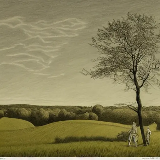 Image similar to A beautiful drawing depicting a farm scene. The drawing shows a view of an orchard with trees in bloom. Prada by Kay Sage, by Gustave Doré dreary