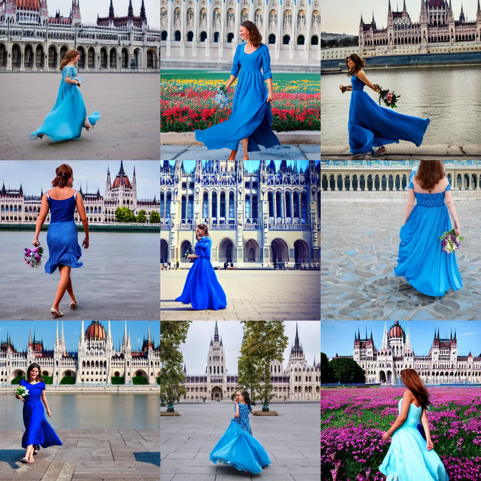 Prompt: a princess, dressed in blue dress, with a bouquet of lily, is walking, the background is the hungarian parliament, award winning photo
