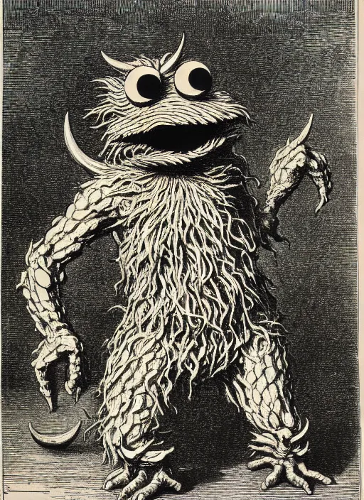 Prompt: cookie monster as a demon from the dictionarre infernal, etching by louis le breton, 1 8 6 9, 1 2 0 0 dpi scan, ultrasharp detail, clean scan