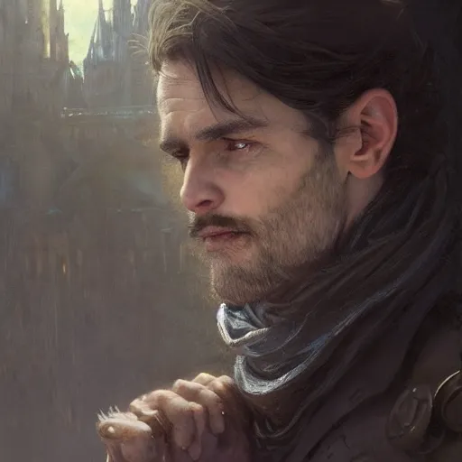 Prompt: closeup portrait of an artificer, furry ferret, male, dark hair, wizard, serious face, dungeons and dragons character, dramatic lighting, castle background, gorgeous view, realistic, high detail, digital art, painted by greg rutkowski, painted by jeremy mann, painted by alphonse mucha, trending on artstation