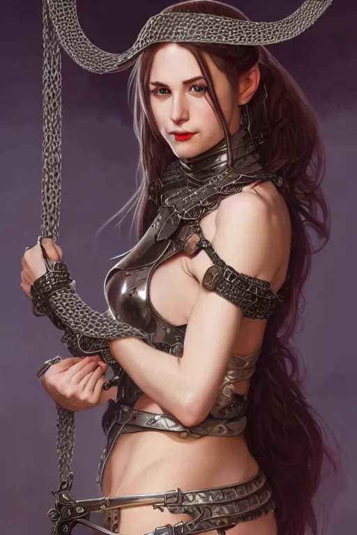 Prompt: Portrait of seductive female fighter, D&D, revealing full chainmail, choker on neck, very long flowing hair, mouth slightly open, cute slightly nerdy smile, fantasy, intricate, elegant, stylish, highly detailed, digital painting, artstation, concept art, smooth, sharp focus, illustration, art by artgerm and greg rutkowski and alphonse mucha