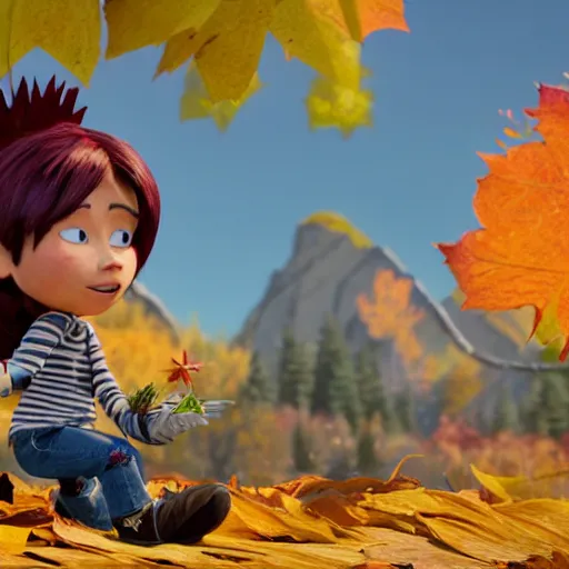 Image similar to a stopmotion animation character, a beautiful canadian woman, gardening, very attractive, spiky dark grey hair, striped sweater, tight denim jeans, maroon doc marten boots, canadian maple leaves blowing about, mountains, autumn, unreal engine 5, 8 k, kubo and the two strings, disney, pixar,