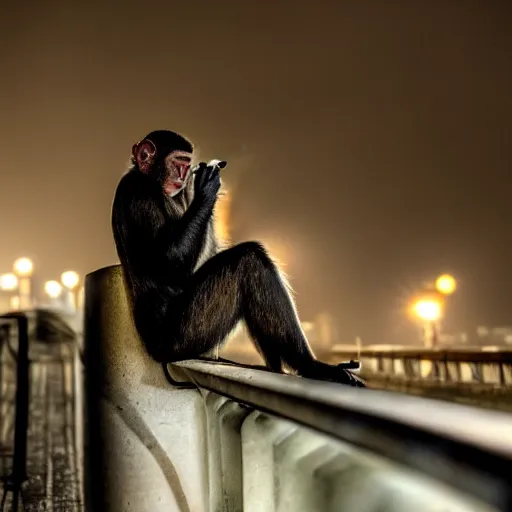 Image similar to contre - jour photo of a monkey smoking a cigarette on a bridge at night under rain, lightened by street lamps, award winning photography