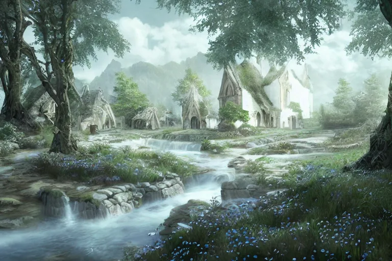 Prompt: A small elven village with elegant white architecture in an open field, a winding white pathwalk and a small brook running through, clear blue skies in the background, high fantasy, medieval, octane rendering, mind-blowing detail, trending on artstation, trending on deviant art, intricate, elegant, digital painting, saturated colors, smooth, sharp focus, art by artgerm and Todd Shorr