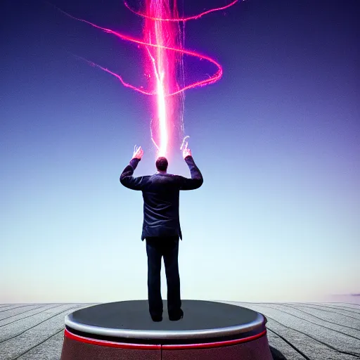 Prompt: man standing on tesla coil, photo, detailed, 4 k