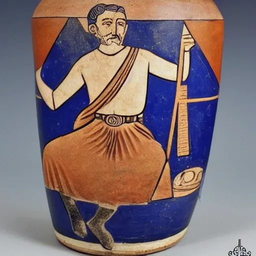 Image similar to a beautiful ancient greek amphora geometric art copy museum ceramic pottery vase depicting stalin waving