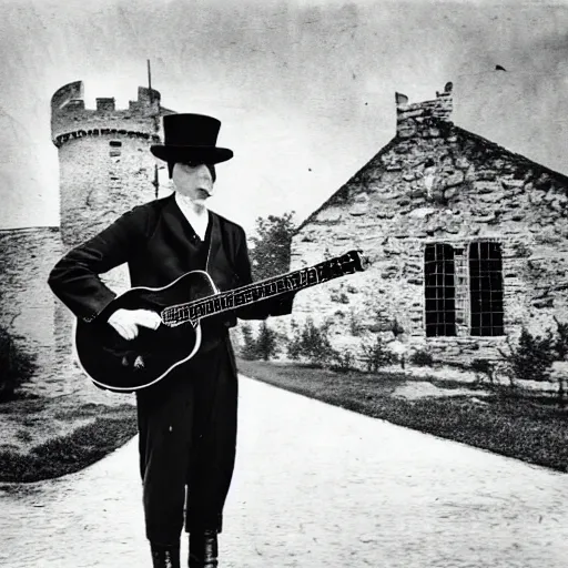 Image similar to vintage photograph of count orlok outside his castle, playing the blues on guitar, castle in the background, 4 k