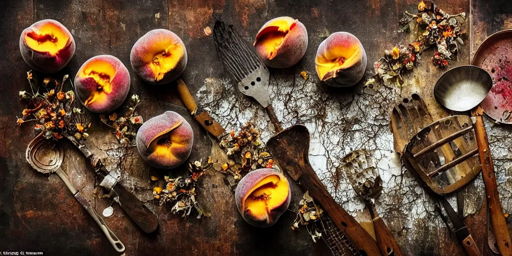 Image similar to decaying rotting peaches, moldy, on an antique distressed table top, dried flowers, metal kitchen utensils, old kitchen backdrop, dark kitchen, style by peter lippmann, intricate detail,