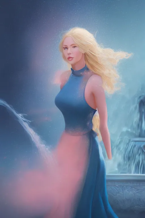 Prompt: detailed portrait of a beautiful blonde haired woman with sparkling blue eyes, elegant, blue cotton dress, background is a fountain in the park, in the style of peter mohrbacher, artgerm, dramatic lighting and composition, pink fog background, octane render, trending on artstation, concept art 8 k