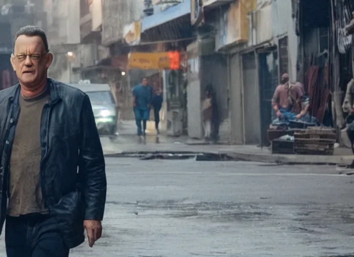 Image similar to film still of Tom Hanks roaming the dirty streets in the new Deathwish, 4k
