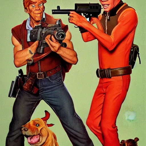 Image similar to Scooby Doo holding a gun, by norman rockwell, no text, trending on artstation, highly detailed, 8k, beautiful, dynamic lighting, realistic fur