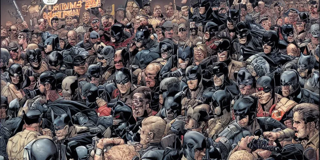 Image similar to Batman fighting mall-cops. Epic painting by James Gurney and Laurie Greasley.