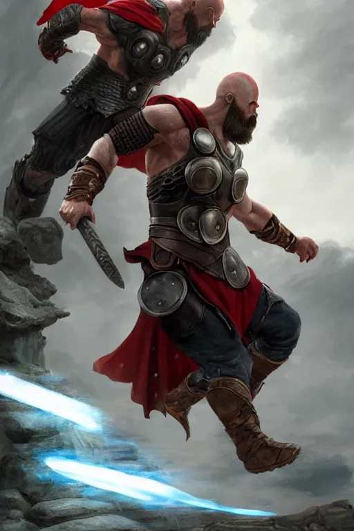 Image similar to kratos vs thor in valhalla, highly detailed, digital painting, artstation, concept art, smooth, sharp focus, illustration, unreal engine 5, 8 k, art by artgerm and greg rutkowski and edgar maxence